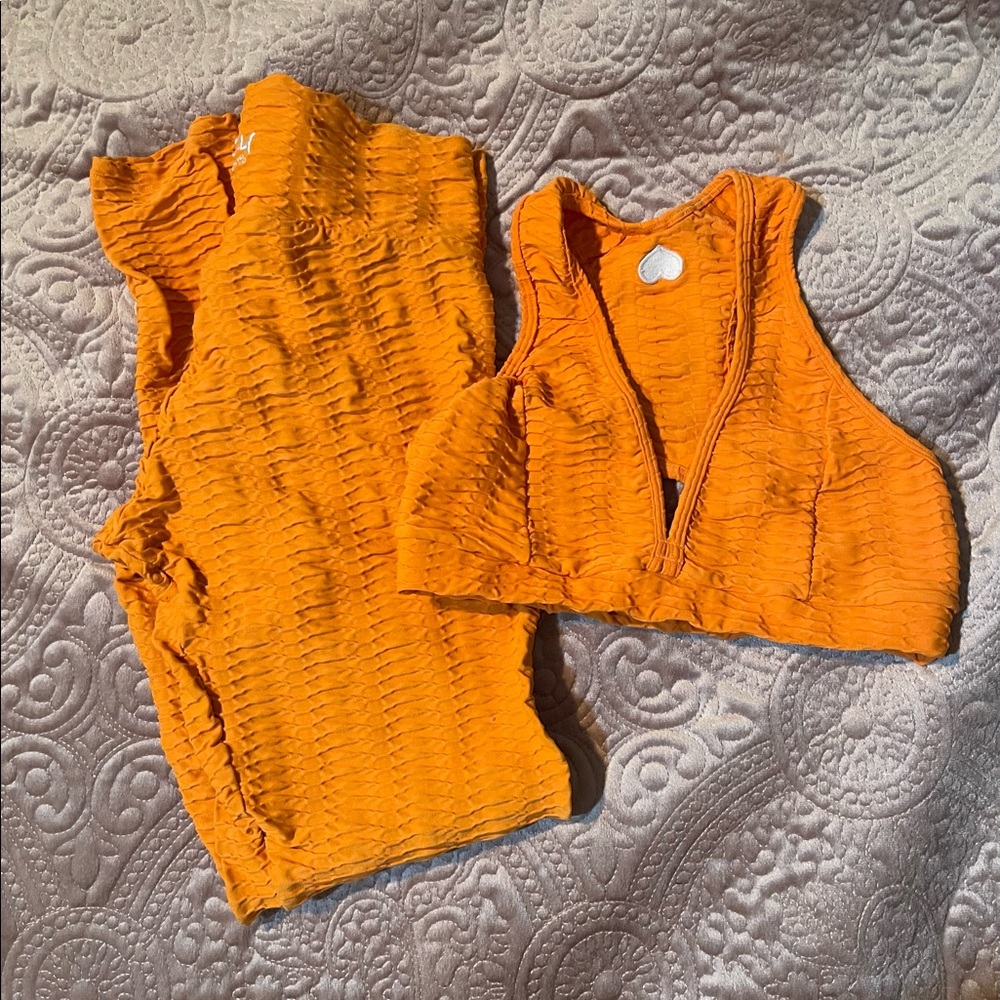 Booty by Brabants original Leggings and Sports Bras in orange and a print